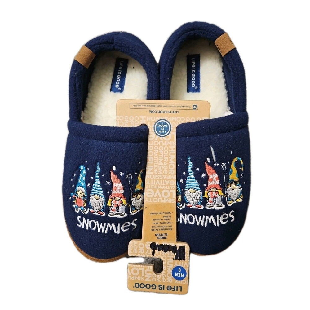 NWT Life Is Good Snowmies Blue Rubber Sole Gnome Embroider Men's Slippers Sz 9